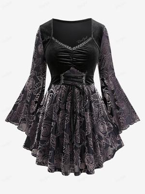 Rosegal Plus Size Lace Trim Ruched Lace-up Flower Print Bell Sleeve T-shirt