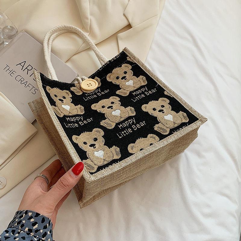 New linen handbag portable large capacity handbag bear student lunch bag small fresh shoulder handbag