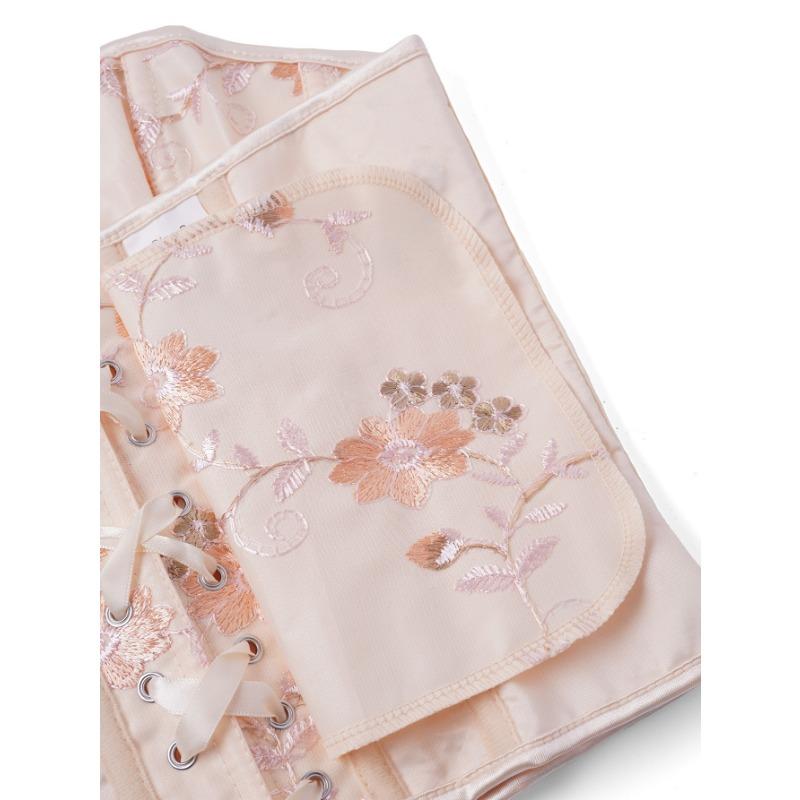 Top Corsetto Bustier Senza Spalline Ricamato Floreale in Raso Rosa con Ganci Anteriori Steccato per Donna