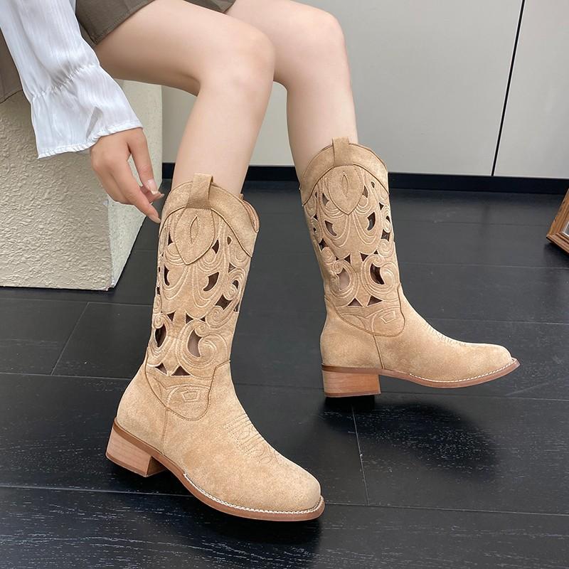 Embroidered retro western cowboy boots hollow summer thin boots women's summer breathable fashion boots medium tube knight boots