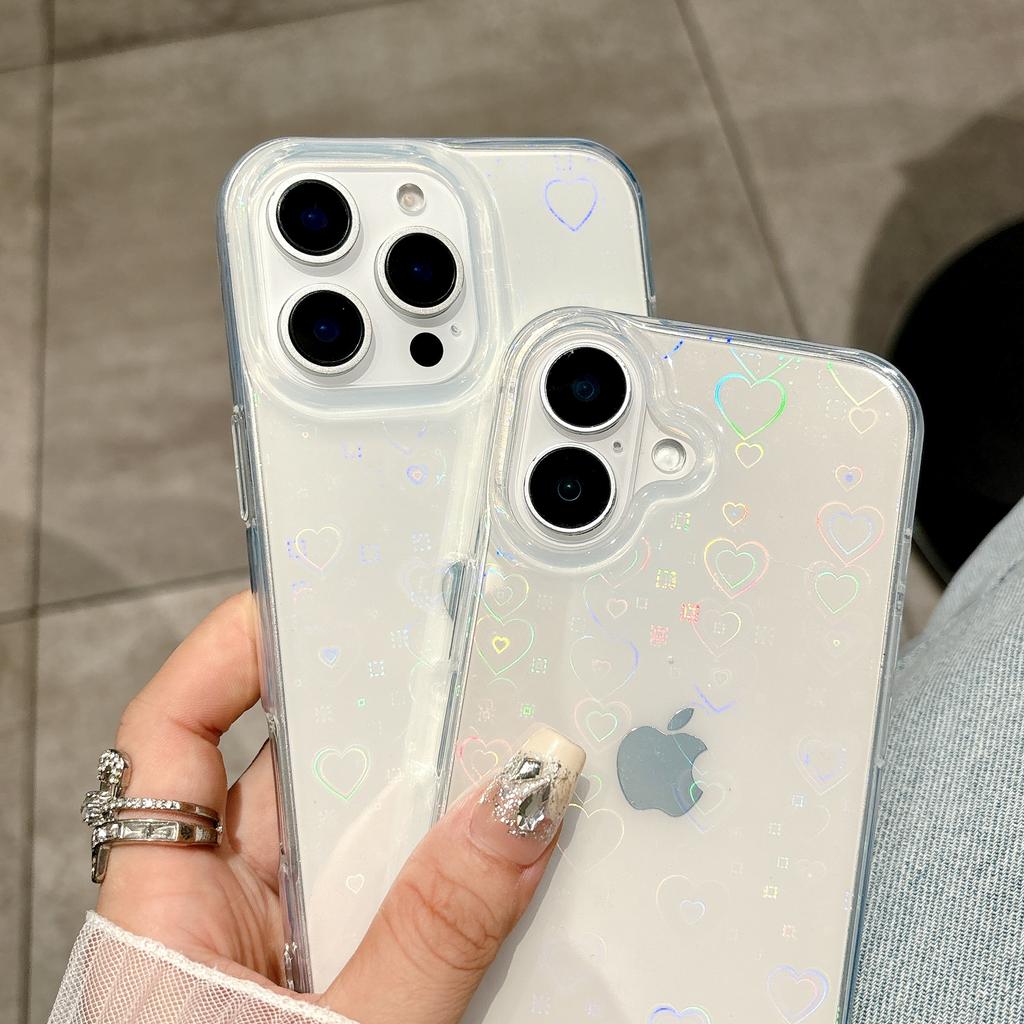 Holographic Laser Love Heart Clear Case For iPhone 16 15 14 13 12 Mini 11 Pro X XS XR Max 8 7 Plus SE Shockproof Silicone Cover