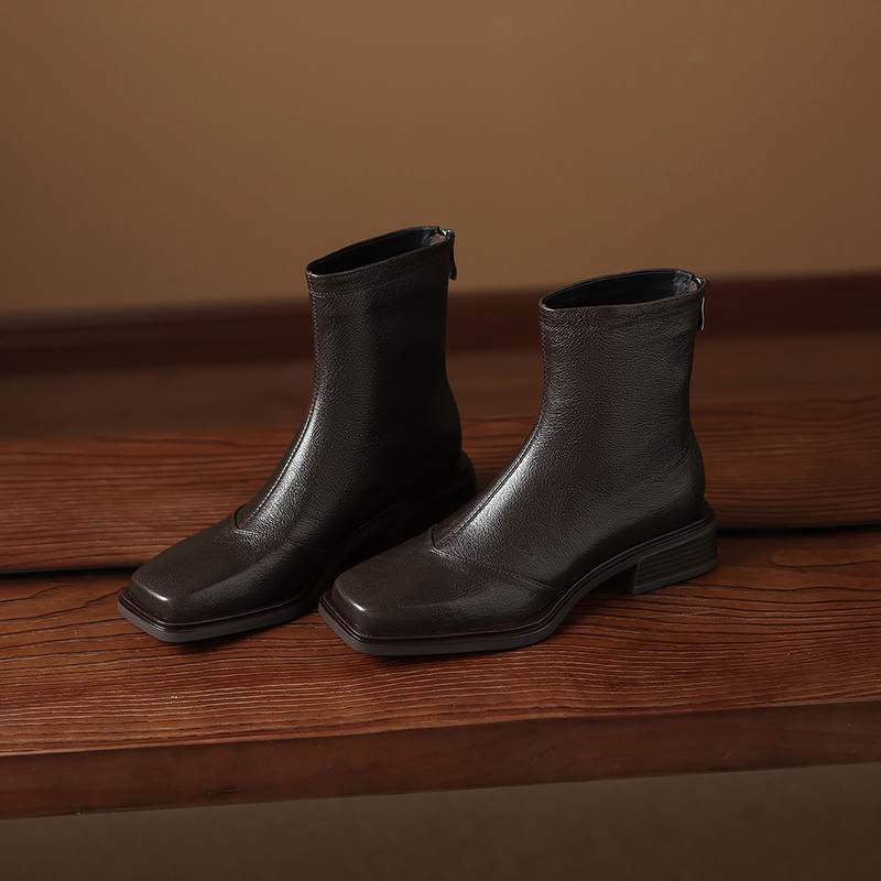 Krazing Pot Sheepskin Winter Square Toe Western Boots Med Heels Zipper Women Ankle Boots