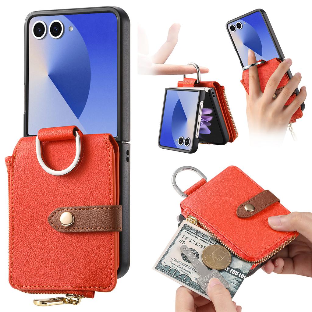 For Samsung Galaxy Z Flip7 5G Case Zipper Pocket Leather + PC Phone Cover with Ring Holder
