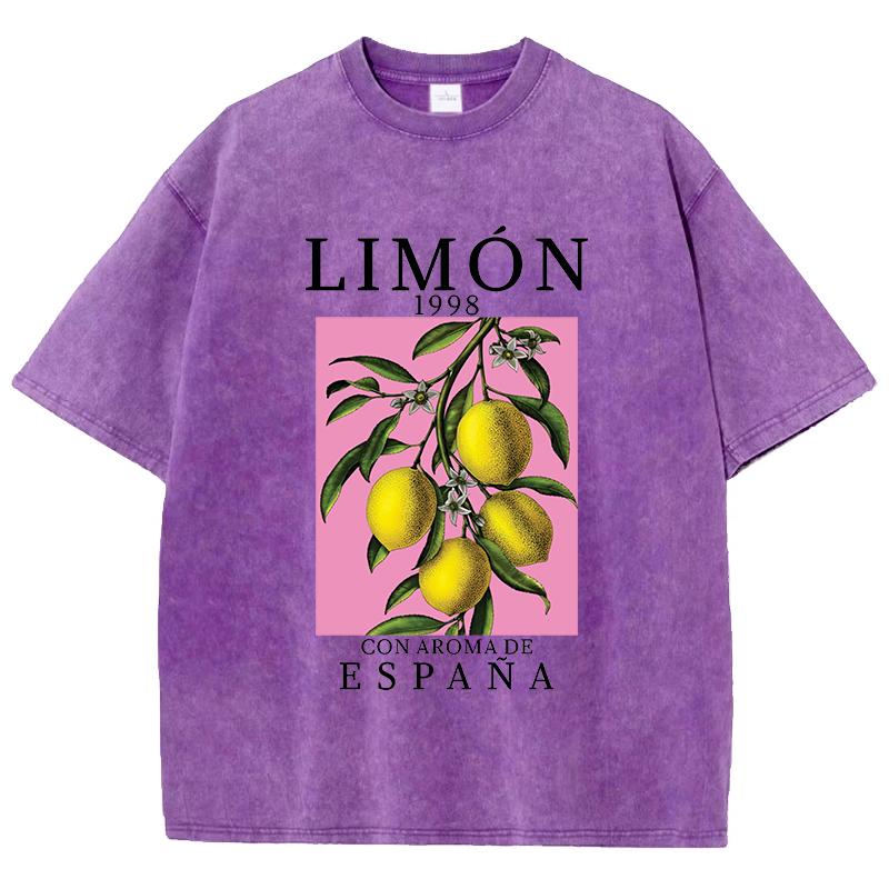 Lemon Con Aroma De Espana Prints Washed TShirts Womens Cotton Tops Comfortable Distressed ONeck Streetwear Summer Clothes