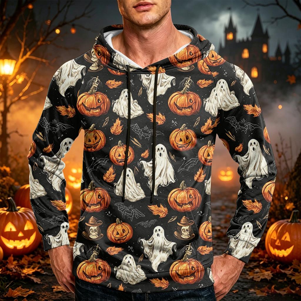 Men's Casual Loose Fit Printed Hoodie with Kangaroo Pocket and Drawstring for Everyday Wear
