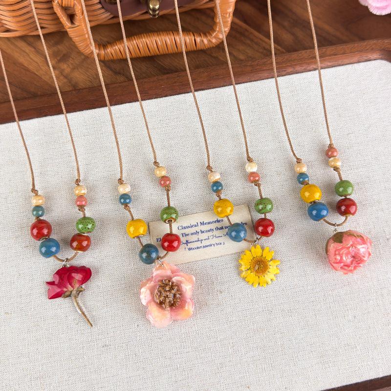 Retro Forest Ceramic & Colorful Beads Necklace with Dried Rose & Daisy Flowers - Artistic Long Collarbone Chain for Women
