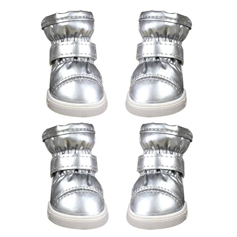 

Дышащие ботинки из искусственной кожи для защиты лап, ботинки для собак, зимняя обувь для собак, теплые флисовые ремни, нескользящие 1 серебряный