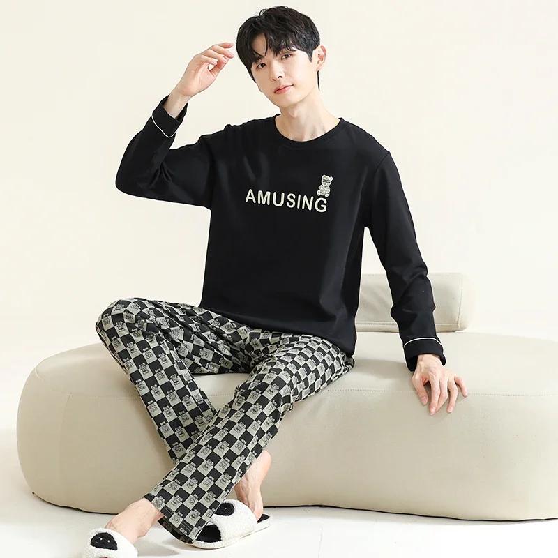 Baumwolle Herren Pullover Nachtwäsche Herbst Frühling Langarm Nachtwäsche 2 Stück Pyjamas Set Männlich