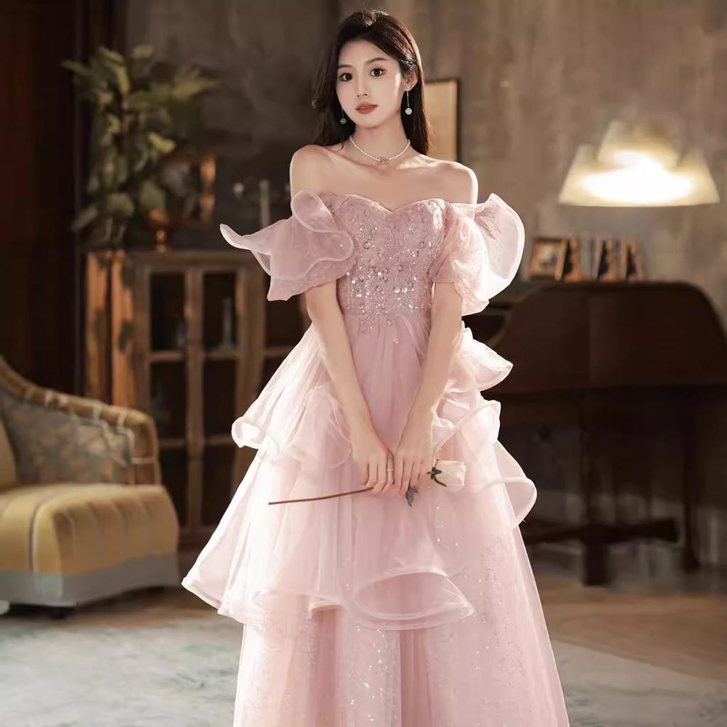 French evening dress women's 1011 new temperament socialite style presiding over art examination super fairy pink engagement banquet dress