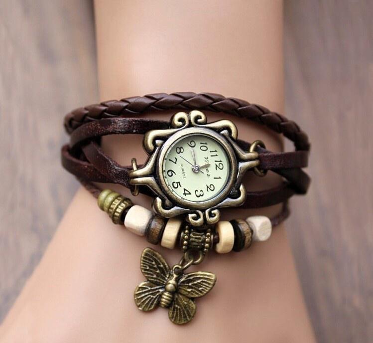 Vintage Schmetterlings Armbanduhr Leder Mode Damen Quarzuhr