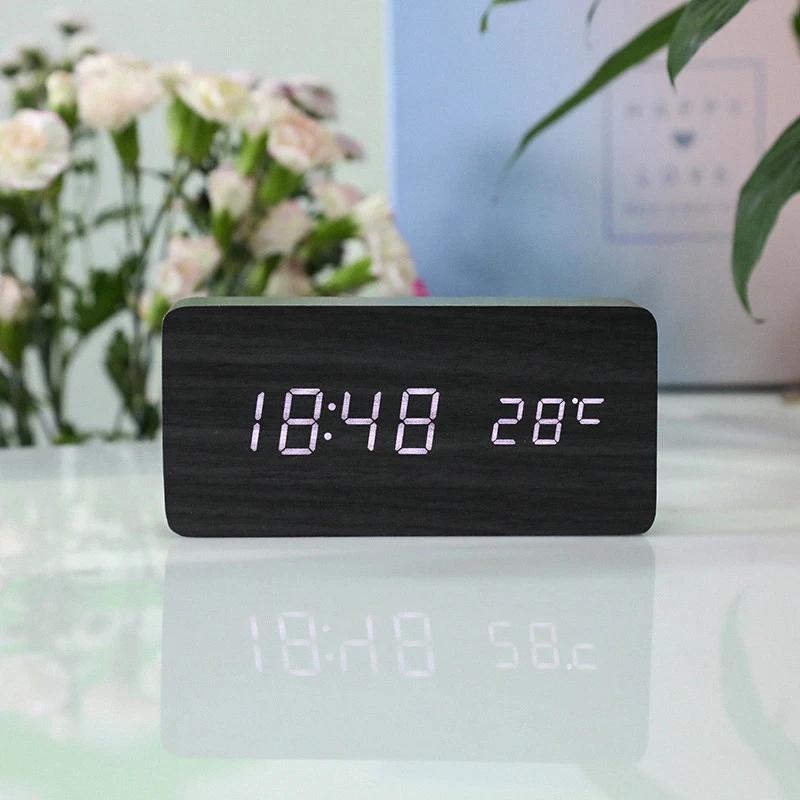 Wooden Square LED Smart Alarm Clocks for Bedrooms Digital Bedside Clock with Temperature Voice Control Desktop Clock