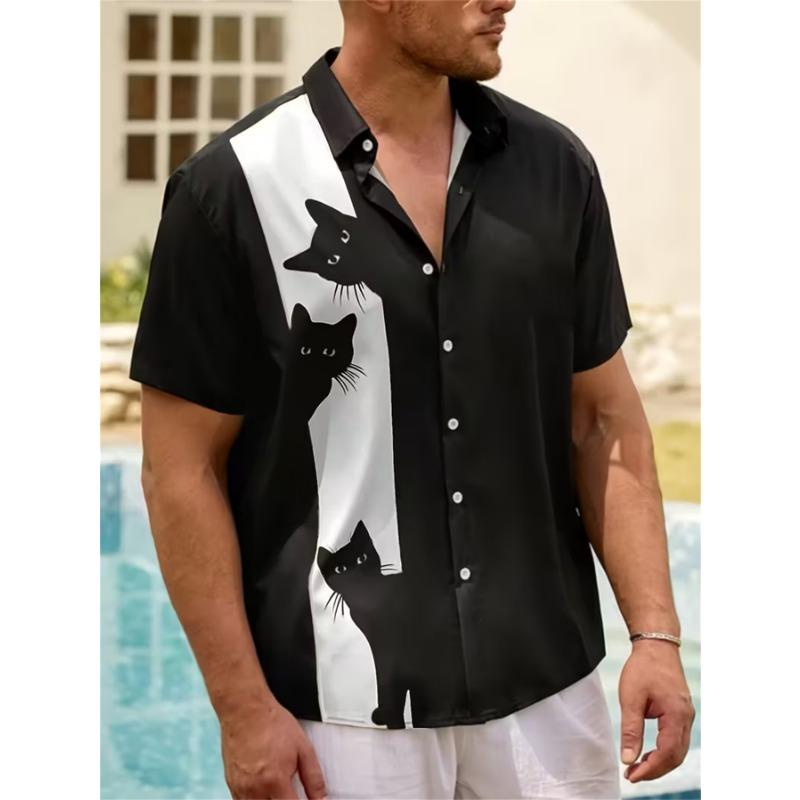 Men's Black Cat Print Lapel Shirt, Breathable and Skin-friendly Fabric, Summer Travel and Casual Party Wear