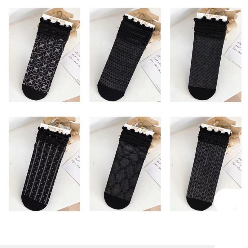 

Весенне-летняя мода женские носки женские длинные черные белые кружевные харадзюку с оборками повседневные милые каваий цветочные дышащие роскошные лолита One Size чёрный