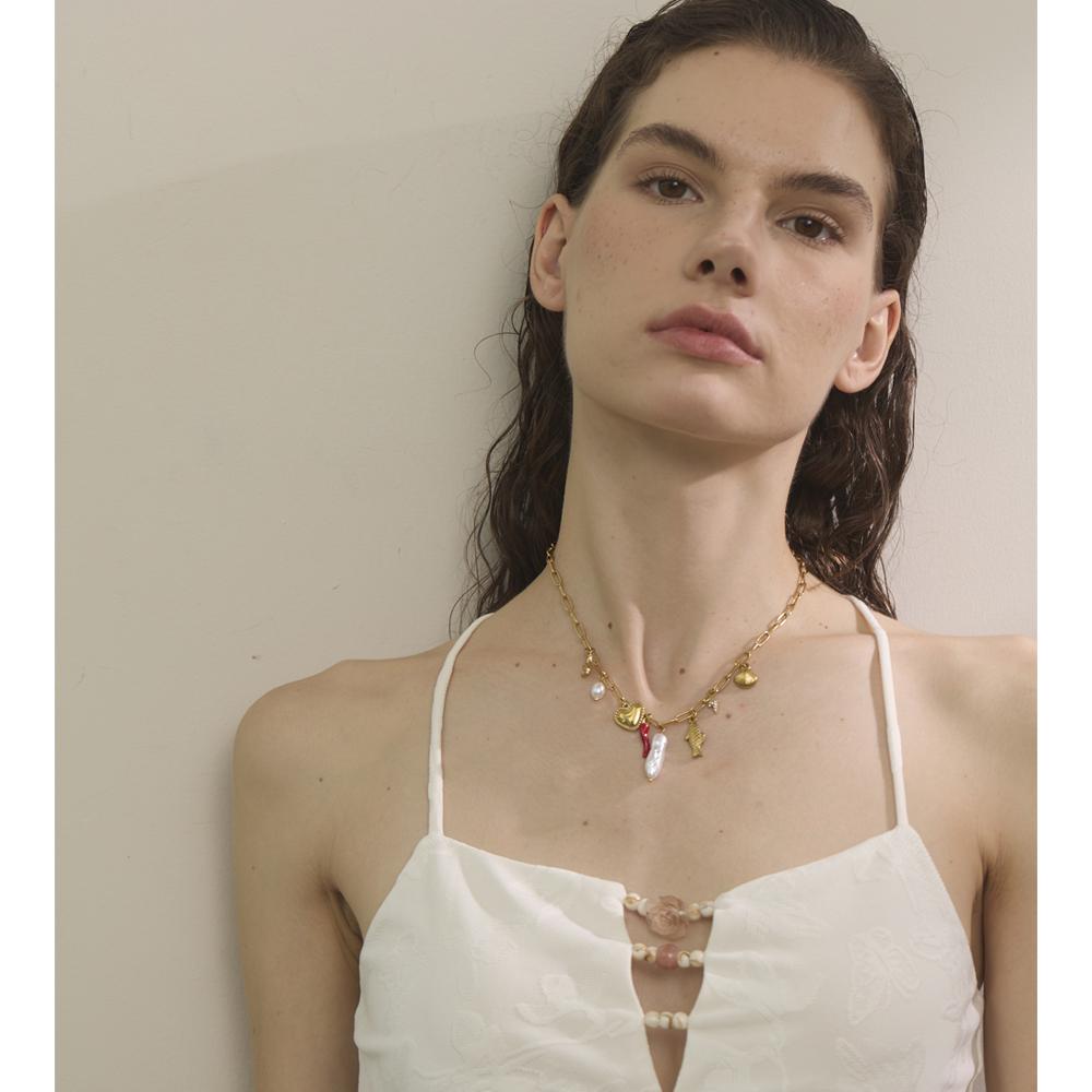 Yhpup Ocean Style Stainless Steel Pearl Shell Starfish Flower Chilli Drop Charm Necklace Golden Plated Handmade Holiday Jewelry