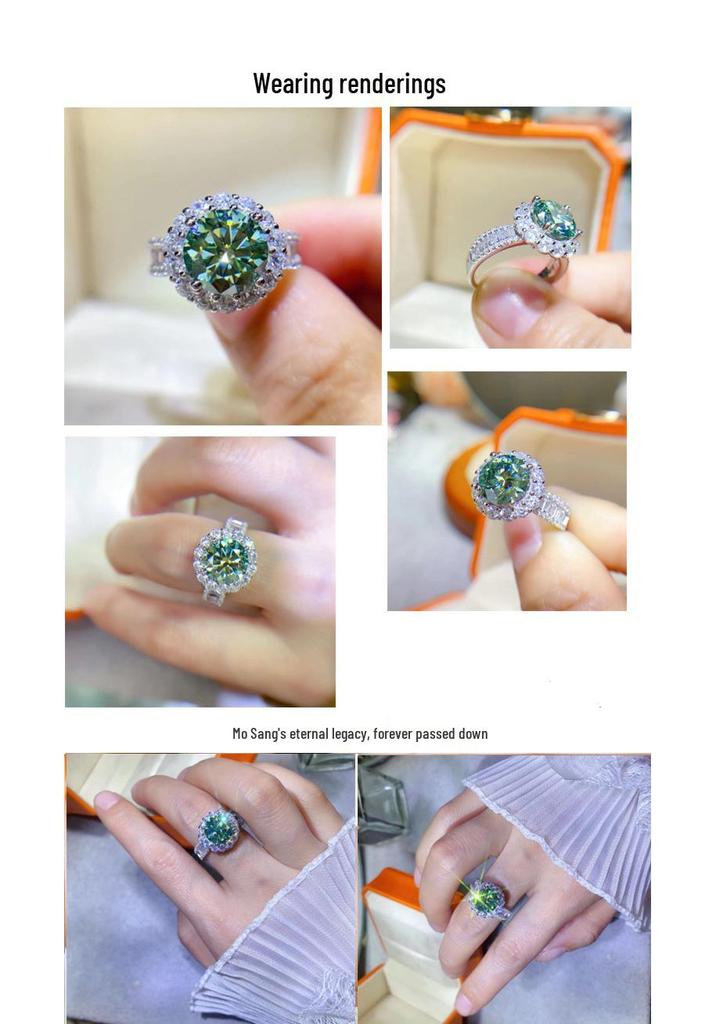 Audrey Style 3-Carat Green Moissanite Ring with Certificate - European and American Fashion.