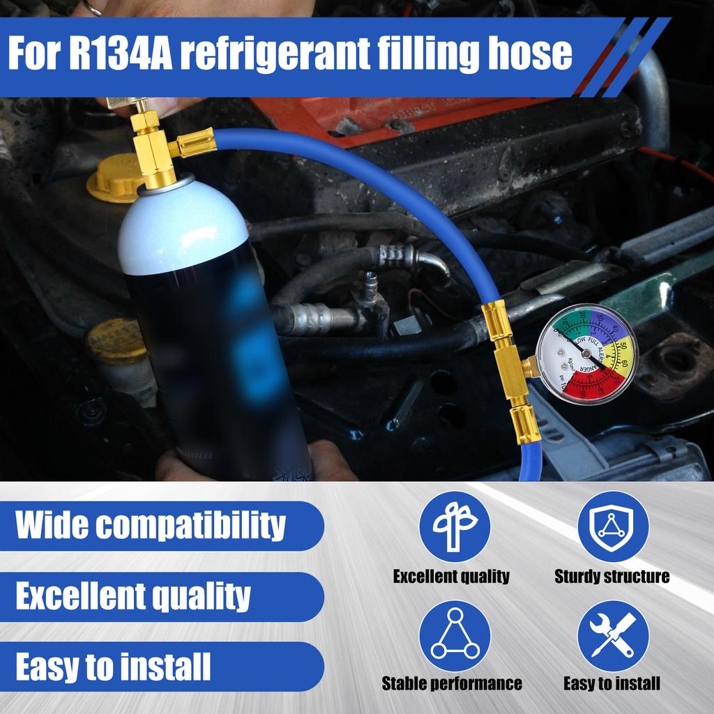 Metal AC Refrigerant Recharge Hose Kit with 1/2 Acme Thread Pressure Gauge Sturdy R134A Car Air Conditioner Recharging Hose