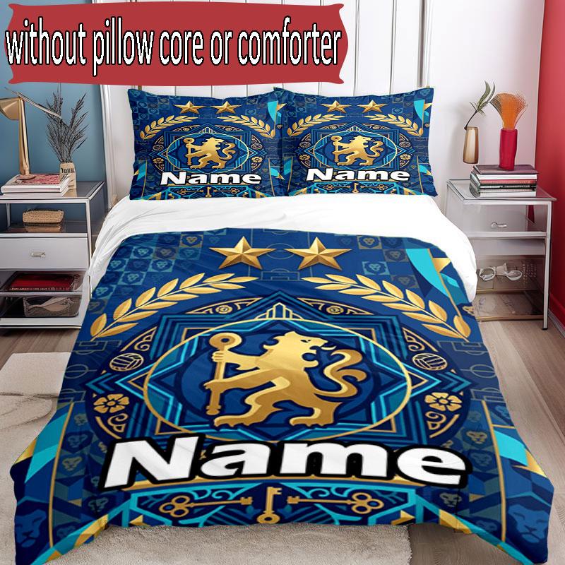3pcs Duvet Cover Set (1*Duvet Cover + 2*Pillowcase, Without Core), Custom Name Chelsea Football Club Pattern Bedding Set, Home Bedroom Decor Gift