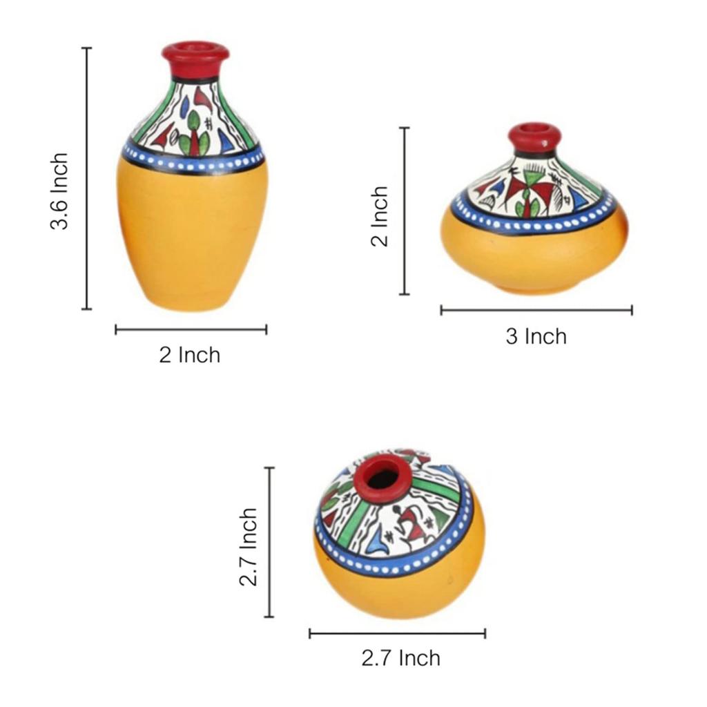 'Warli Handpainted' Decorative Terracotta Pots Vases For Living Room & Home Decoration (Set of 3, Yellow) |