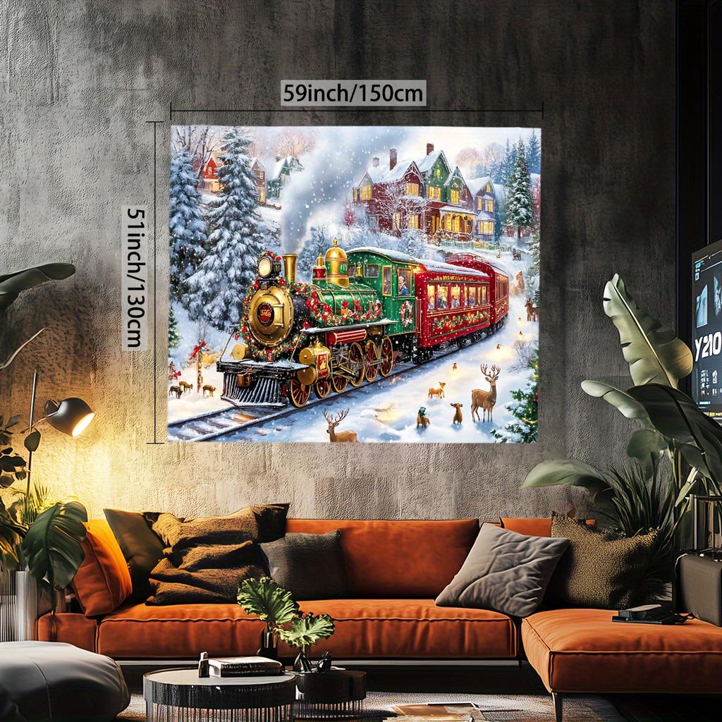 Glam Christmas Tapestry with Polar Express Train Snow Scene - Polyester Wall Hanging with Santa, Reindeer & Festive Decor, Squar