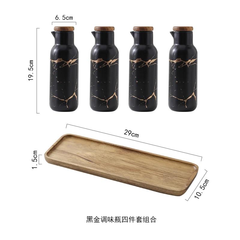 Matte Marble Pattern Ceramic Kitchen Spice Jar Oiler Set Wooden Cover Salt Shaker Spice Jar Kitchen Condiment Storage Rack Set