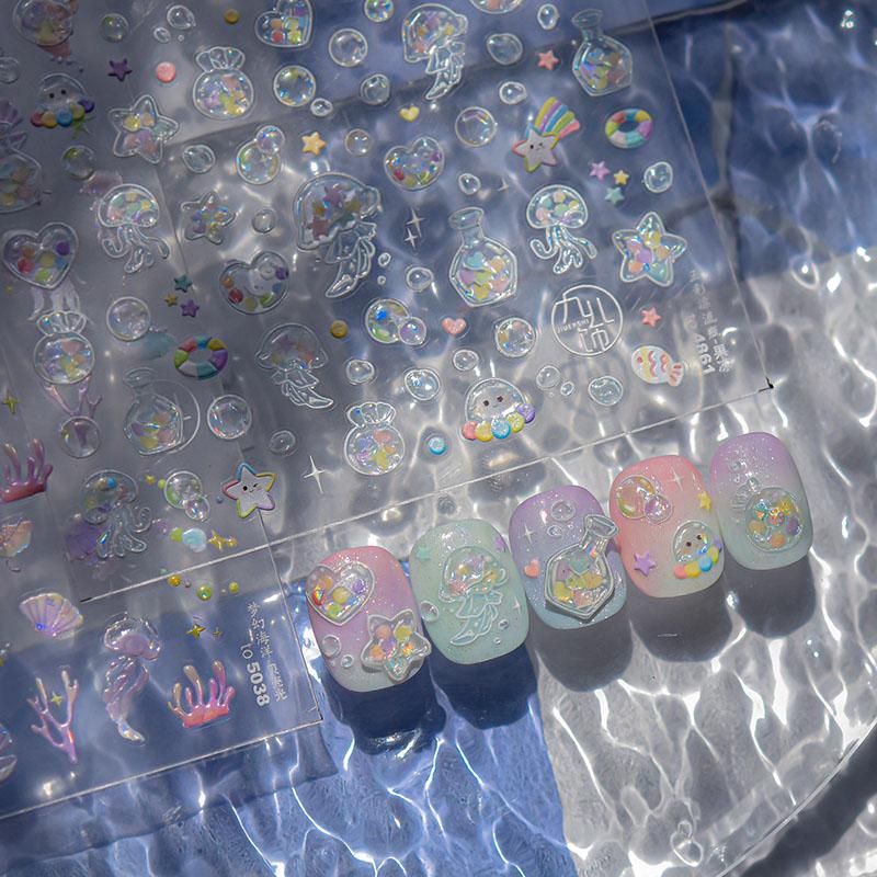 Nail Ribbon Sticker Colorful Bagful Jellyfish Bubbles Starfish stickers for Nails Stickers Self-adhesive Manicure Decal ZJT22