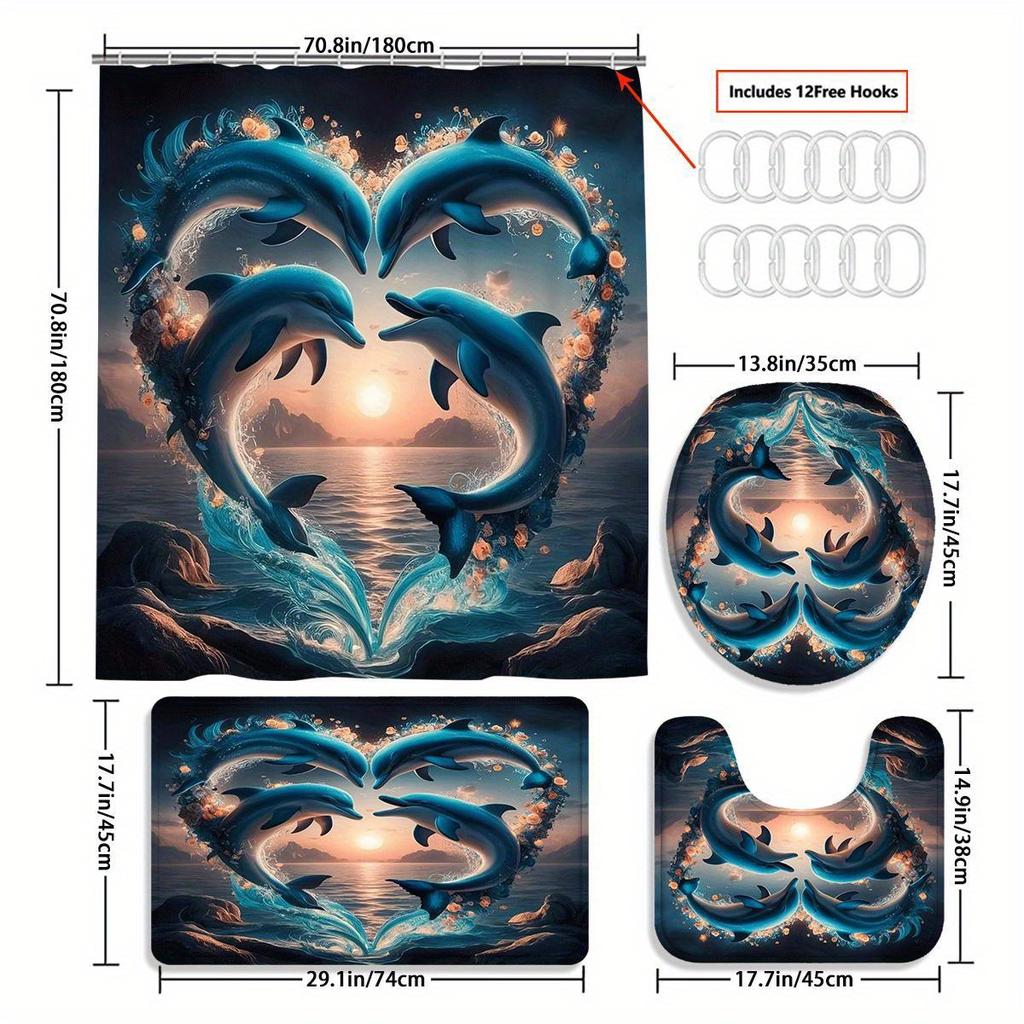 Dolphin Heart Bathroom Set - Waterproof Shower Curtain, Ultra-Soft Floor Mats, Toilet Lid Cover, And Contour Mat