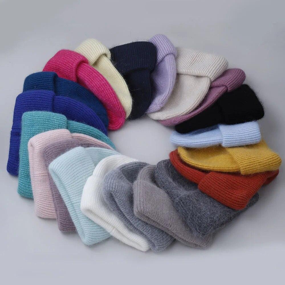 Winter Real Rabbit Fur Knitted Beanies For Women Fashion Solid Warm Cashmere Wool Skullies Beanies Female Fold Thick Hats