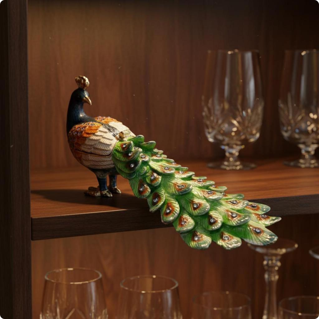 Figurină Decorativă Păun Cutie de Bijuterii Finisaj Emailat Pietre Strălucitoare Decor Acasă pentru