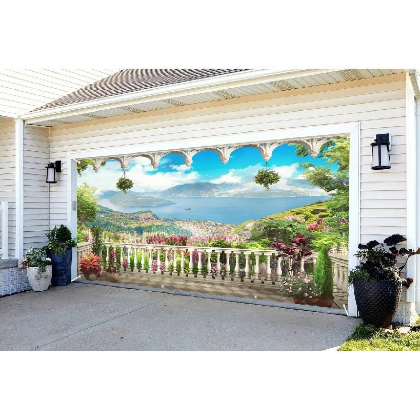 6x13ft Nature Landscape Garage Door Decor Flower House Balcony Mountains River Blue Sky White Clouds Garage Door Cover for Spring Theme Party