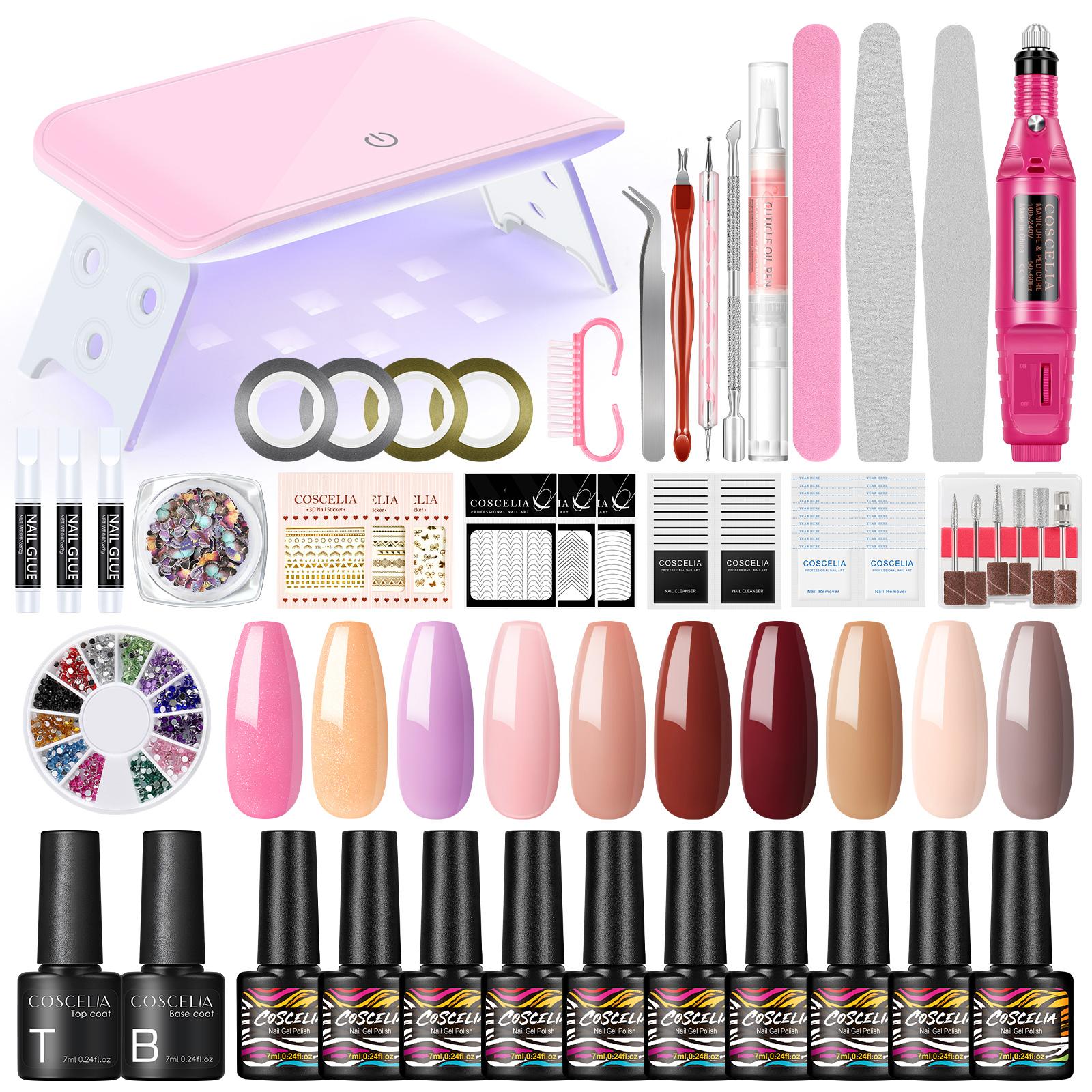 

COSCELIA 10 шт. гель-лак для ногтей, набор цветных гелей для дизайна ногтей с УФ-светодиодной лампой для ногтей, базовое покрытие, верхнее покрытие, дрель для ногтей, маникюрные инструменты для набора дизайна ногтей