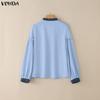 VONDA Women Casual Lace-up Neck Long Sleeve Stitching Solid Color Loose Blouse