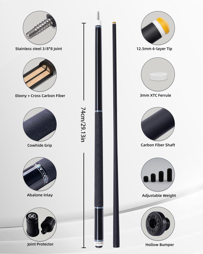 KONLLEN Carbon Fiber Pool Hand Low Cue, 147cm, Inlay, Deflection, 11.8/12.6mm