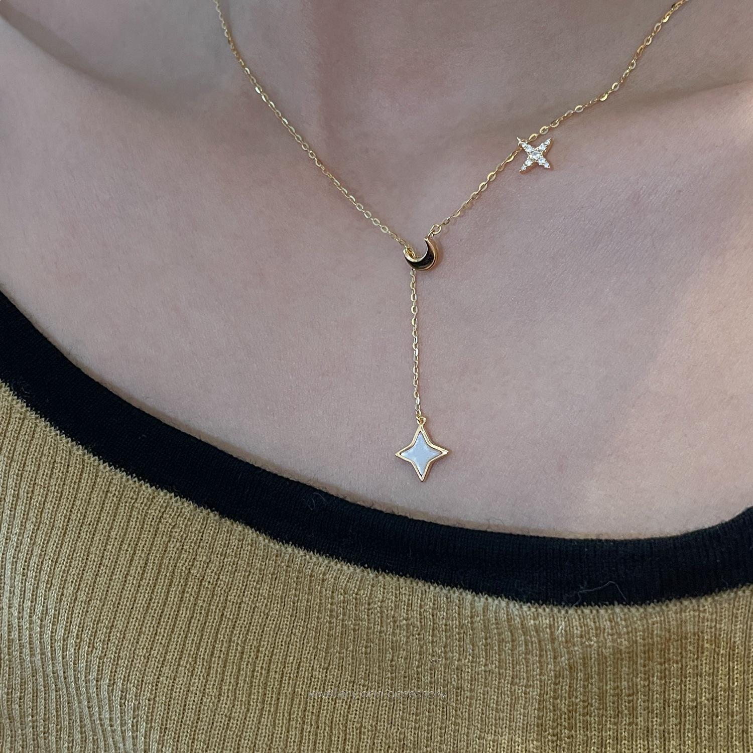 18K Gold-Plated Sterling Silver Moon & Star White Shell Tassel Necklace for Women 18K Gold