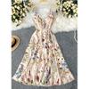 Robe d'été à bretelles décolleté en V avec impression de peinture florale couleur européenne et américaine, jupe bohème de niche