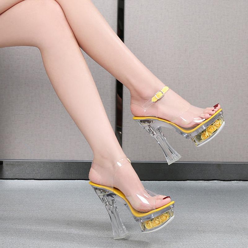 Damensandalen, 14 cm hoher Absatz, sexy transparente Blume, leuchtender Kristall, dicker Absatz, 10365-Serie, 14 cm LFD