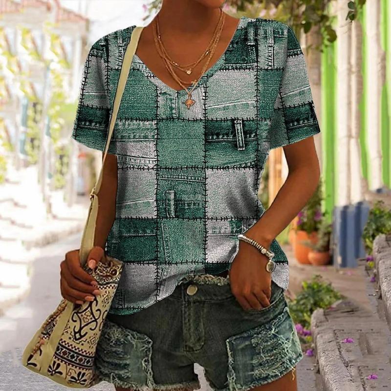 Retro Patchwork Damen T-Shirt Kariertes bedrucktes Top Damenbekleidung V-Ausschnitt Harajuku T-Shirt