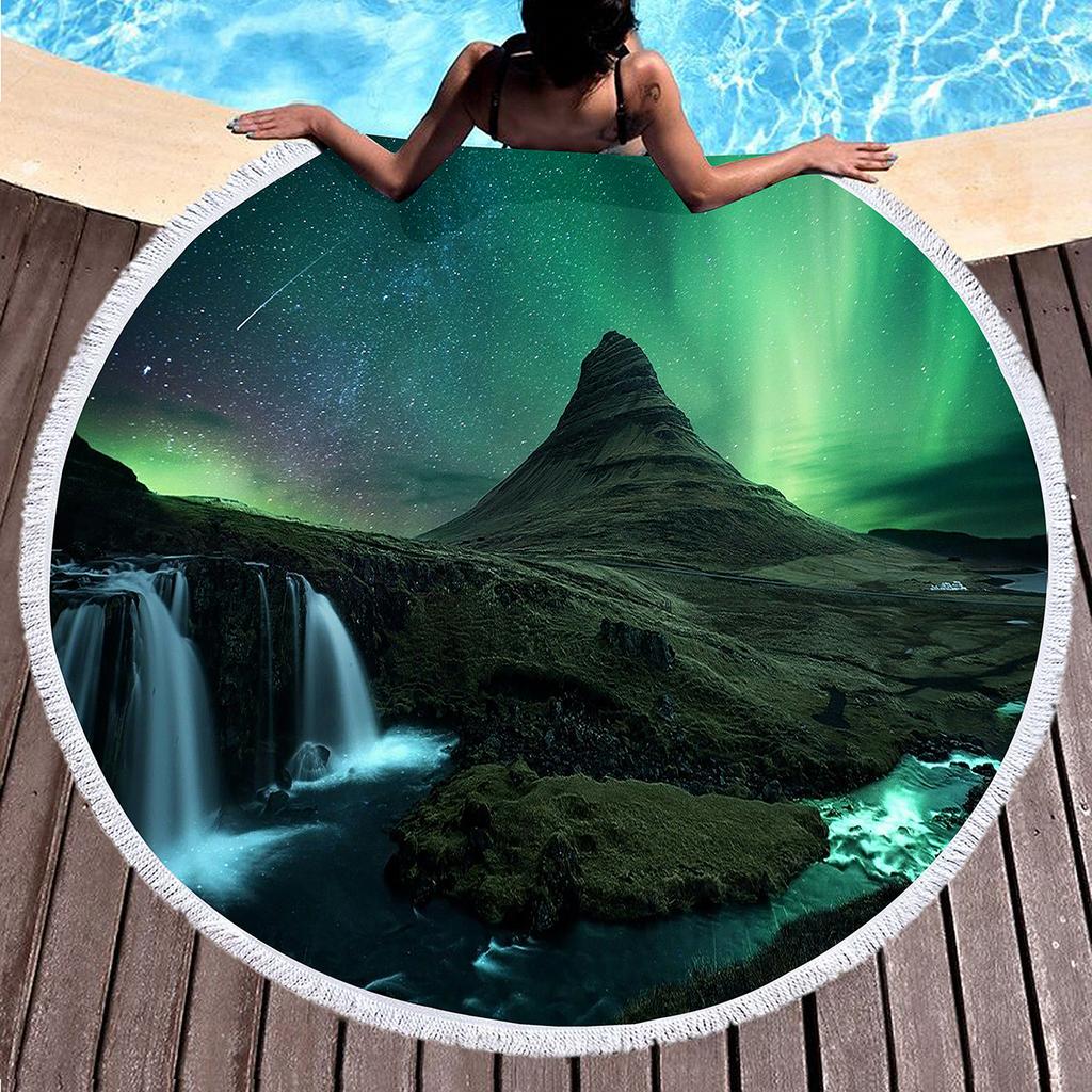 Aurora Print Round Beach Towel,Polyester Sand Resistant Beach Blanket,Soft Absorbent Quick Dry Pool Towel Portable Picnic Mat