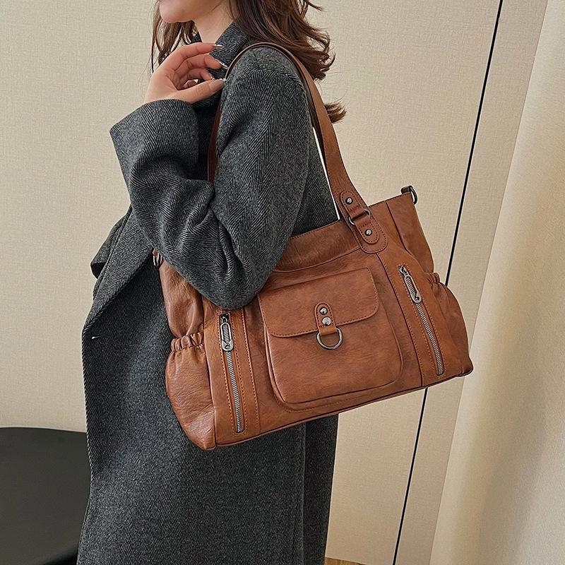 Fashionable PU Tote Bag Women's Multi Pocket Handbag with Adjustable Shoulder Strap Everyday Carry Bag