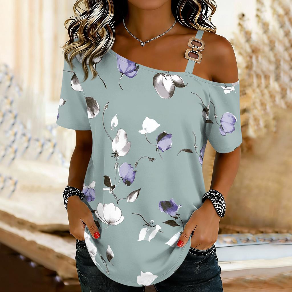 Women's Fashion Casual Print Sexy Off-the-shoulder Short Sleeve T-shirt Top