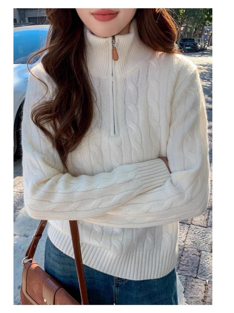 Women's 100% Pure Wool High Neck Half-Zip Cable Knit Sweater - Commuter Style, Loose Fit, Warm Top