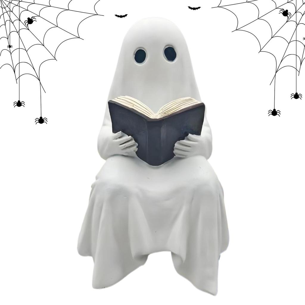 Halloween Ghost Reading Figurine Ornament Resin Cute White Ghost Statue Ghost Decoration For Living Room Offices Bedroom