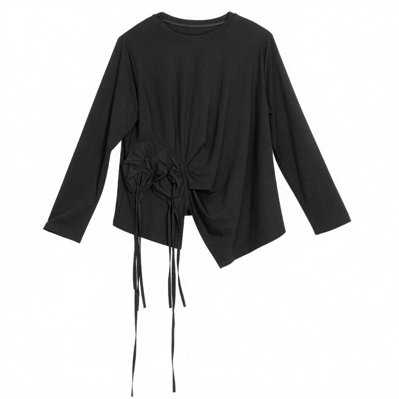 Tops casual larghi vintage neri a manica lunga asimmetrici da donna per primavera autunno t-shirt