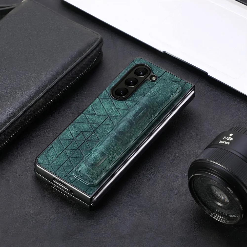 PU Leather Wrist Strap Cover for Samsung Galaxy Z Fold 6 5 4 3 5G Hard Phone Case with S Pen Holder & Finger Grip(no Pen)