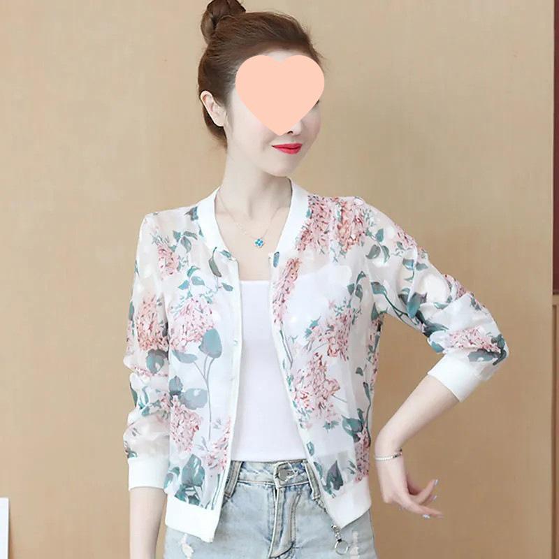 Chiffon Langarm Sonnenschutzjacke für Damen - Mittleren Alters Lässig Übergröße Bedruckte Strickjacke Oberbekleidung
