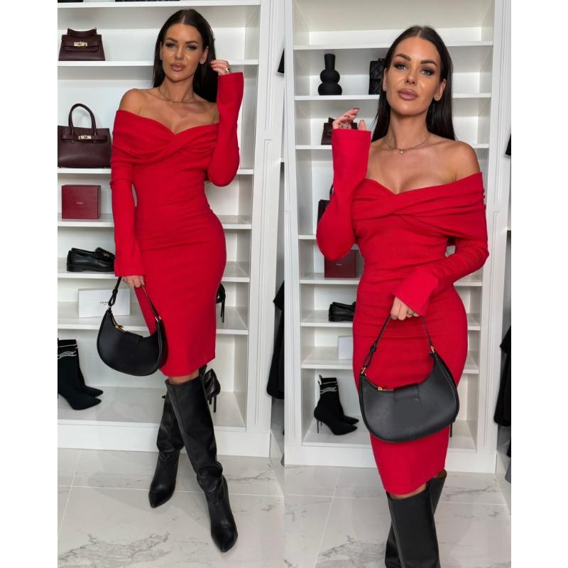 Elegant Long Sleeve Off Shoulder Women Sexy Dress Autumn Fashion Slash Neck High Waist Casual Party Dresses Women Vintage Club Pencil Dress 2371