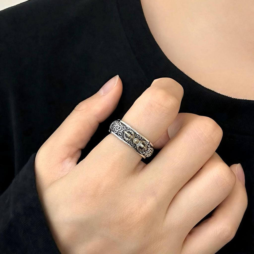 Anello Vajra Regolabile in Argento Sterling S925 con Stile Nazionale Retrò e Disegno di Nuvole Auspiciose per Uomo e Donna