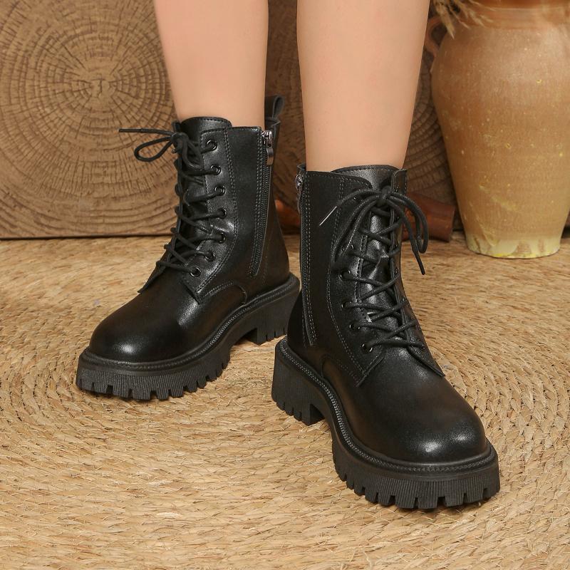 Winter Thick Bottom Boots Female Warm Thickened Short Boots Waterproof Soft Leather Cotton Flat Shoes Snow Boots Women 42