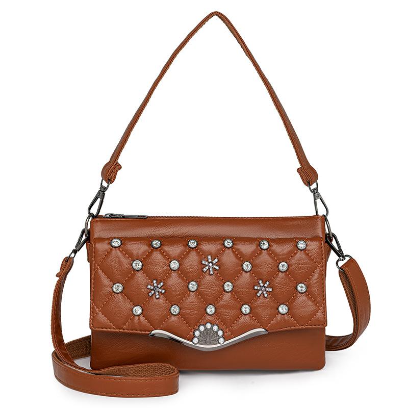 

Женская сумка среднего возраста, мягкая кожаная сумка через плечо, большая вместительная сумка через плечо с бриллиантом коричневый