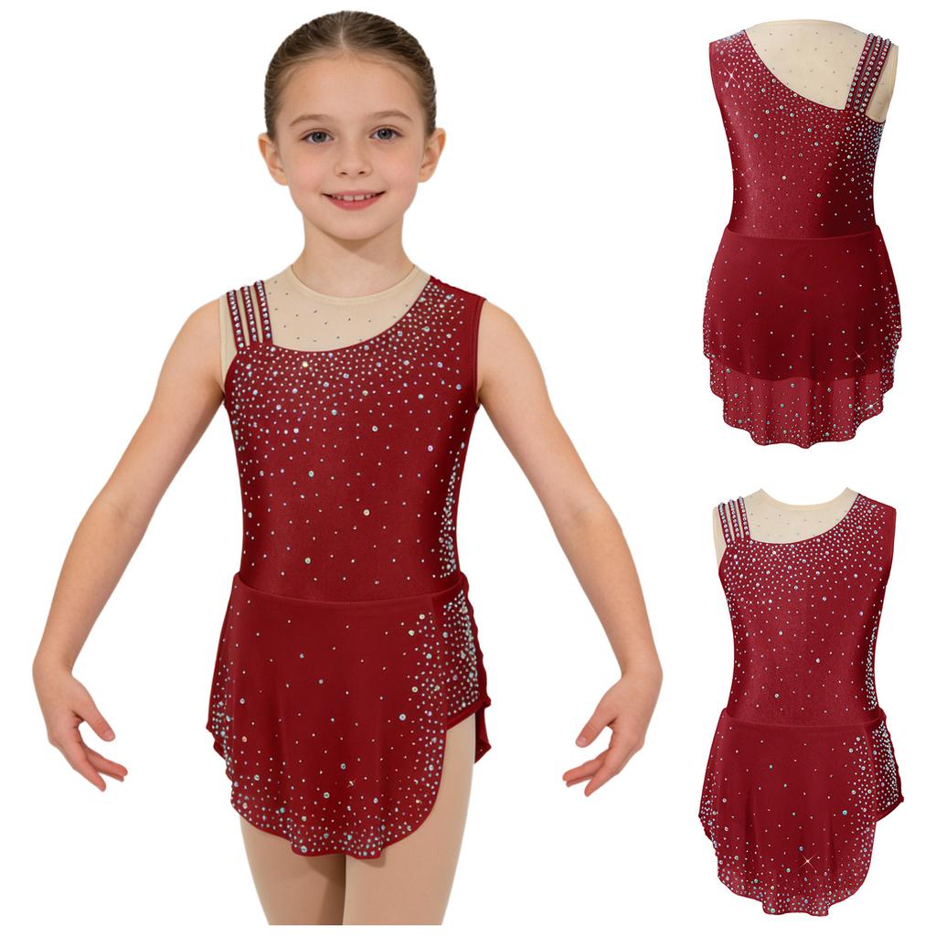 Girls Rhythmic Gymnastics Costume Sparkling Rhinestone Mesh Patchwork Sleeveless Dress with Built-in Briefs for Stage Competition