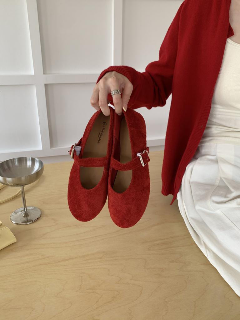 THEBULAGE Korean Version of Round Head Shallow Mouth Single Shoes 2025 Autumn One-word Buckle with Mary Jane Flat Shoes